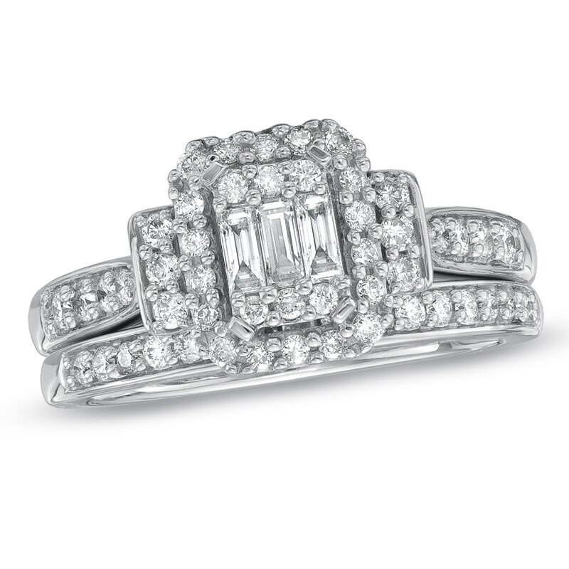 Main Image 1 of Previously Owned - 3/4 CT. T.W. Composite Emerald-Cut Diamond Bridal Set in 10K White Gold