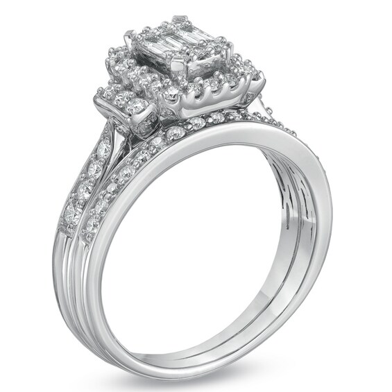 Previously Owned - 3/4 CT. T.w. Composite Emerald-Cut Diamond Bridal Set in 10K White Gold