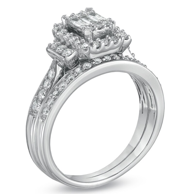 Main Image 2 of Previously Owned - 3/4 CT. T.W. Composite Emerald-Cut Diamond Bridal Set in 10K White Gold