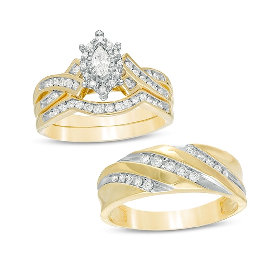 Previously Owned - 5/8 CT. T.w. Marquise Diamond Frame Wedding Ensemble in 10K Two-Tone Gold - Size 7 and 10