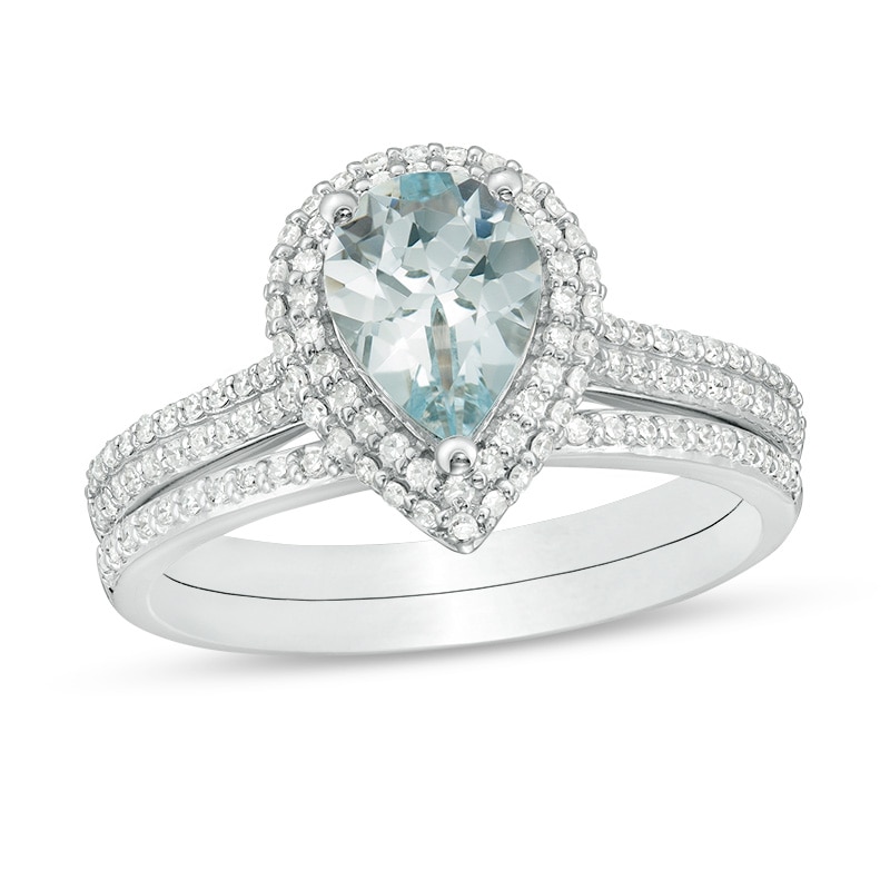 Main Image 1 of Previously Owned - Pear-Shaped Aquamarine and 3/8 CT. T.W. Diamond Frame Double Row Bridal Set in 14K White Gold