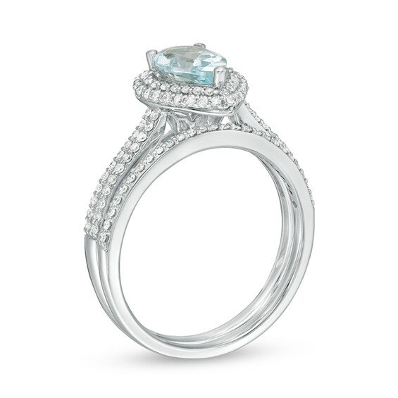 Previously Owned - Pear-Shaped Aquamarine and 3/8 CT. T.w. Diamond Frame Double Row Bridal Set in 14K White Gold