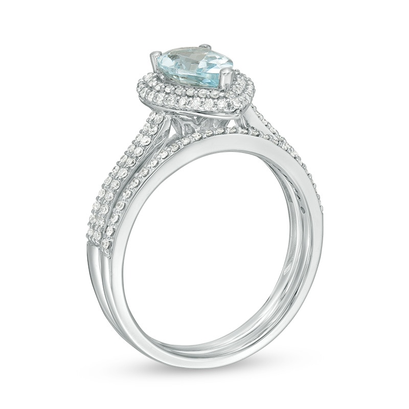 Main Image 3 of Previously Owned - Pear-Shaped Aquamarine and 3/8 CT. T.W. Diamond Frame Double Row Bridal Set in 14K White Gold