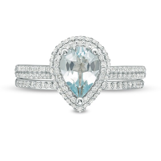 Previously Owned - Pear-Shaped Aquamarine and 3/8 CT. T.w. Diamond Frame Double Row Bridal Set in 14K White Gold