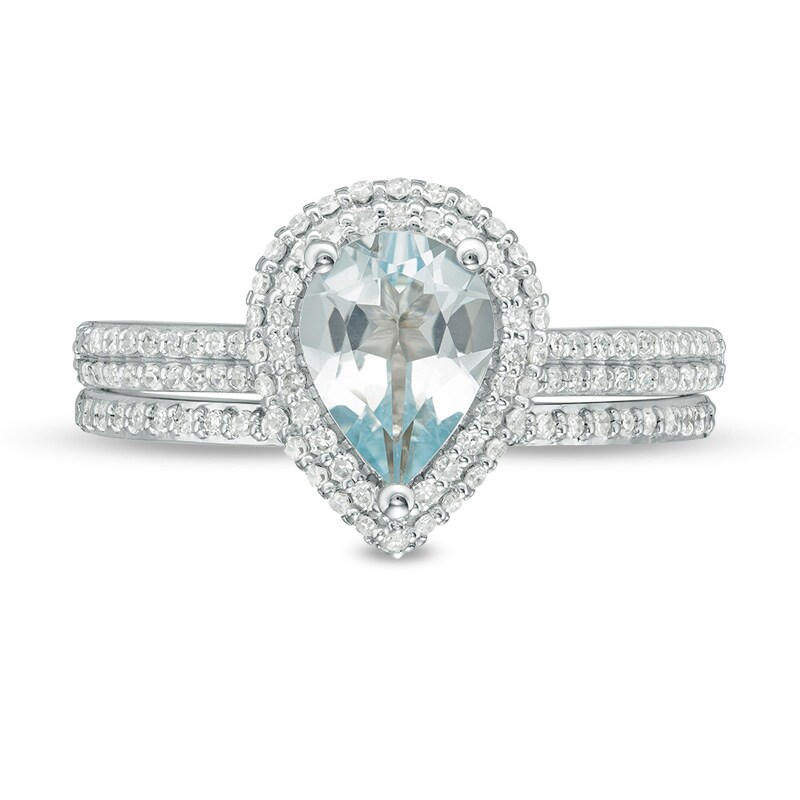Main Image 4 of Previously Owned - Pear-Shaped Aquamarine and 3/8 CT. T.W. Diamond Frame Double Row Bridal Set in 14K White Gold