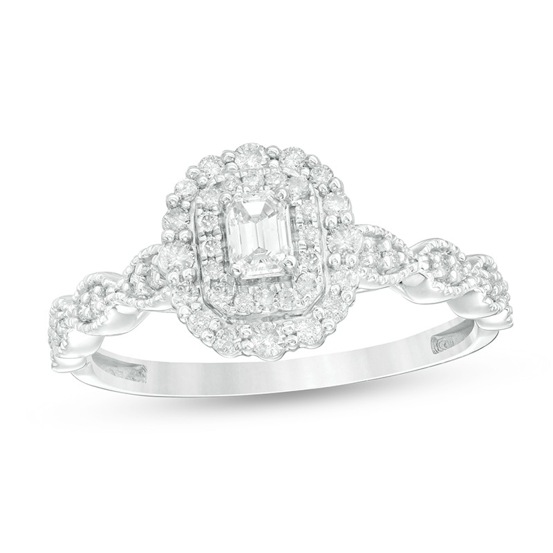 Main Image 1 of Previously Owned - 3/8 CT. T.W. Emerald-Cut Diamond Art Deco Vintage-Style Engagement Ring in 10K White Gold