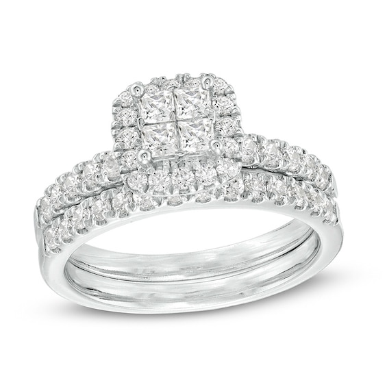 Previously Owned - 1 CT. T.w. Quad Princess-Cut Diamond Frame Bridal Set in 14K White Gold