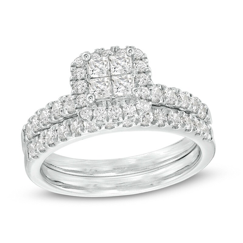 Main Image 1 of Previously Owned - 1 CT. T.W. Quad Princess-Cut Diamond Frame Bridal Set in 14K White Gold
