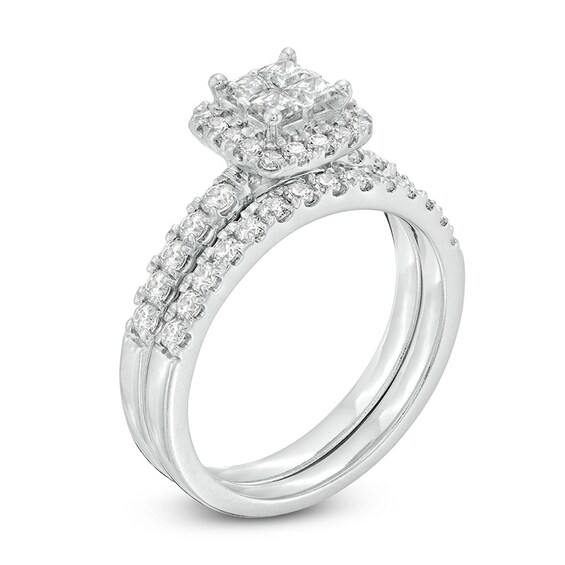 Previously Owned - 1 CT. T.w. Quad Princess-Cut Diamond Frame Bridal Set in 14K White Gold
