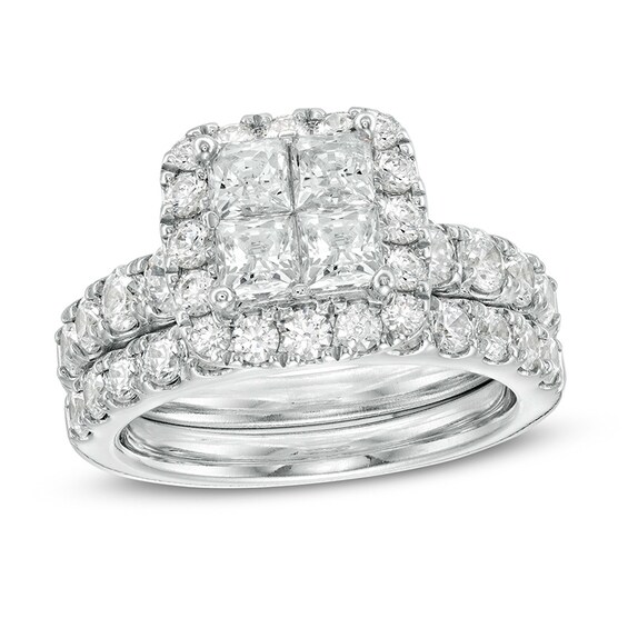 Previously Owned - 3 CT. T.w. Quad Princess-Cut Diamond Frame Bridal Set in 14K White Gold
