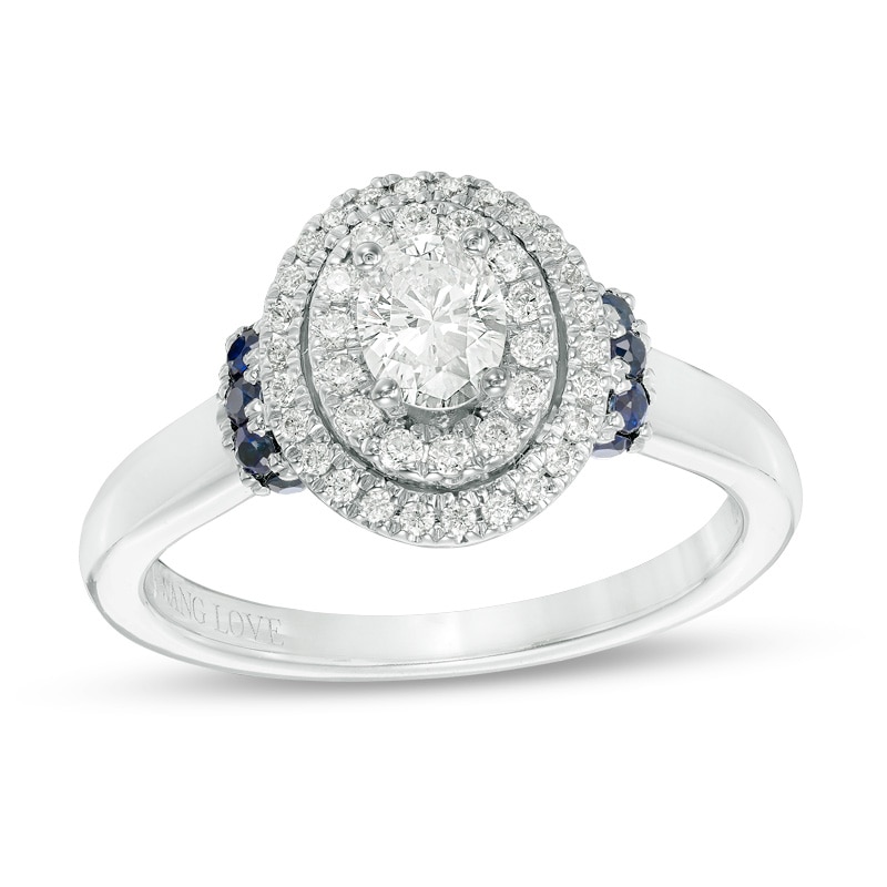 Main Image 1 of Previously Owned - Vera Wang Love Collection 5/8 CT. T.W. Diamond and Sapphire Frame Engagement Ring in 14K White Gold