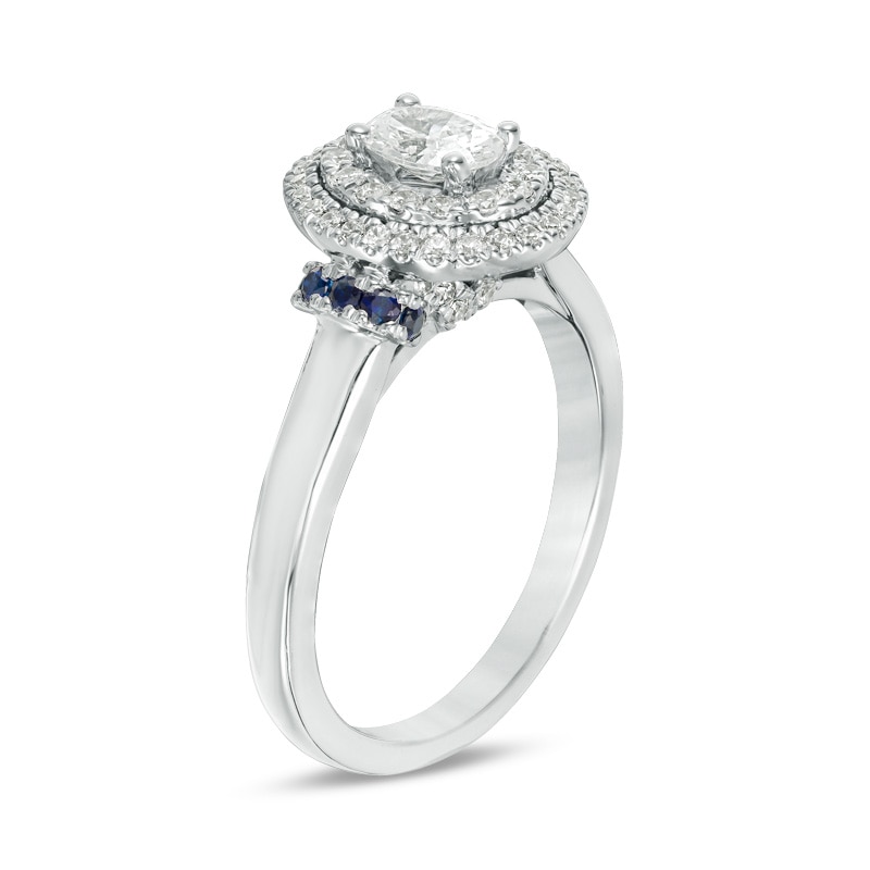 Main Image 2 of Previously Owned - Vera Wang Love Collection 5/8 CT. T.W. Diamond and Sapphire Frame Engagement Ring in 14K White Gold