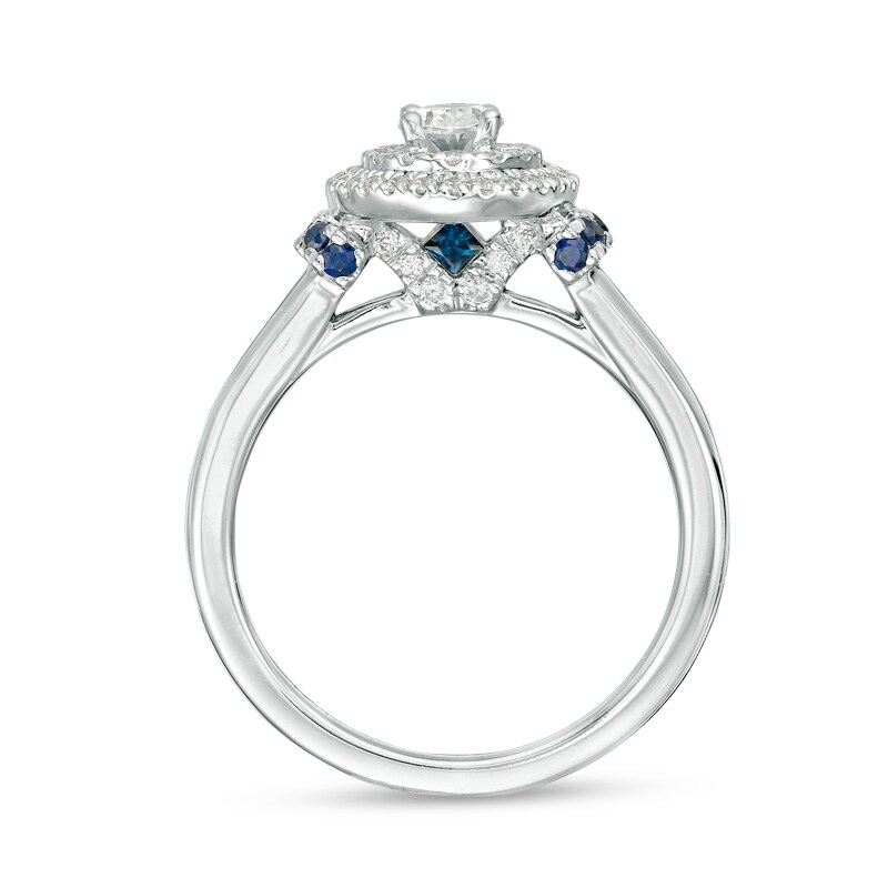 Main Image 3 of Previously Owned - Vera Wang Love Collection 5/8 CT. T.W. Diamond and Sapphire Frame Engagement Ring in 14K White Gold