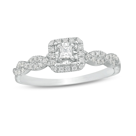 Previously Owned - 1/4 CT. T.w. Princess-Cut Diamond Cushion Frame Twist Shank Promise Ring in 10K White Gold
