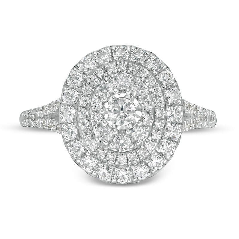 Main Image 4 of Previously Owned - 1 CT. T.W. Diamond Layered Oval Frame Engagement Ring in 10K White Gold