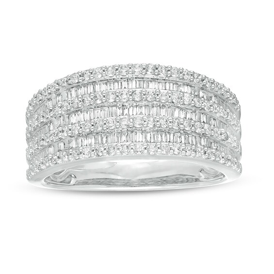 Previously Owned - 1/2 CT. T.w. Baguette and Round Diamond Alternating Multi-Row Ring in 10K White Gold