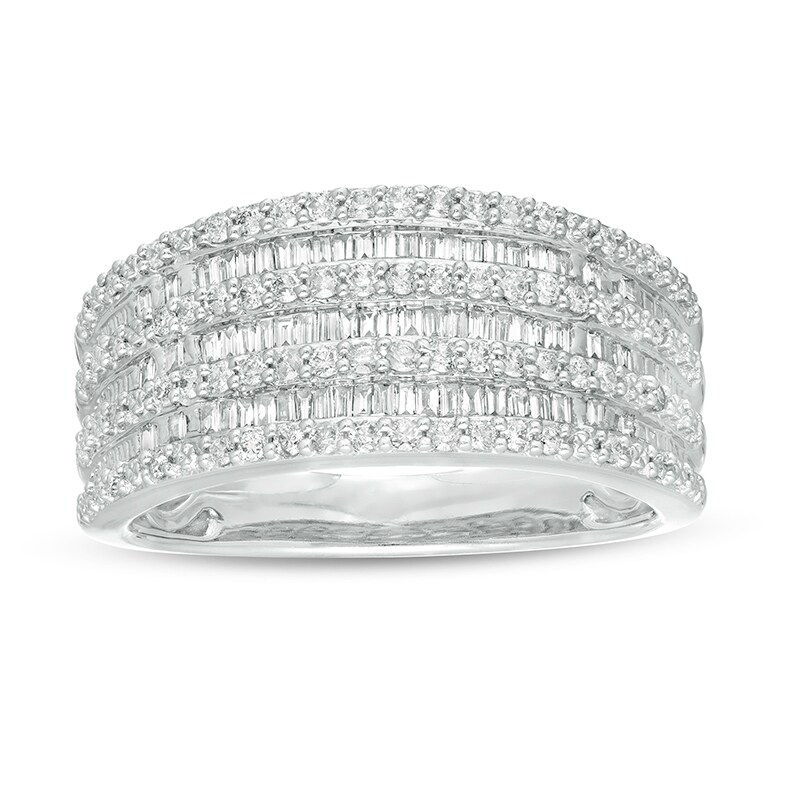 Main Image 1 of Previously Owned - 1/2 CT. T.W. Baguette and Round Diamond Alternating Multi-Row Ring in 10K White Gold