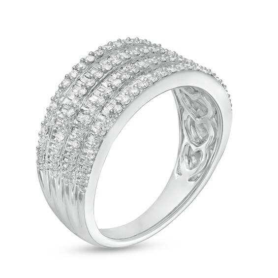 Previously Owned - 1/2 CT. T.w. Baguette and Round Diamond Alternating Multi-Row Ring in 10K White Gold