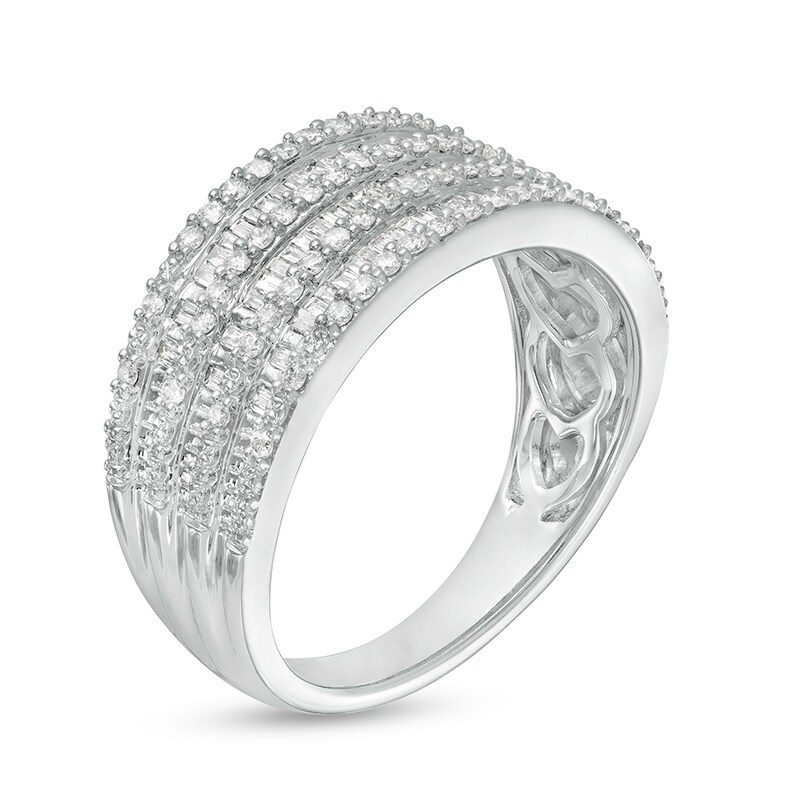 Main Image 3 of Previously Owned - 1/2 CT. T.W. Baguette and Round Diamond Alternating Multi-Row Ring in 10K White Gold