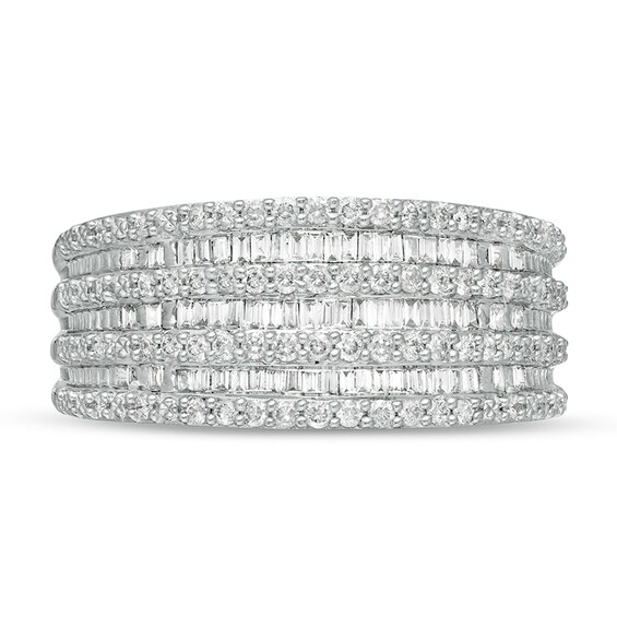 Previously Owned - 1/2 CT. T.w. Baguette and Round Diamond Alternating Multi-Row Ring in 10K White Gold