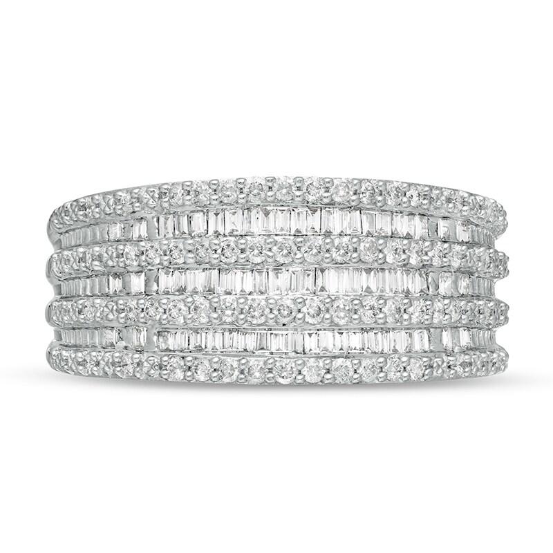 Main Image 4 of Previously Owned - 1/2 CT. T.W. Baguette and Round Diamond Alternating Multi-Row Ring in 10K White Gold