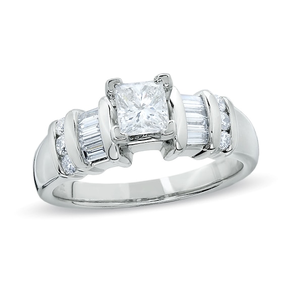 Previously Owned - 1 CT. T.w. Princess-Cut Diamond Engagement Ring with Baguette Sidestones in Platinum