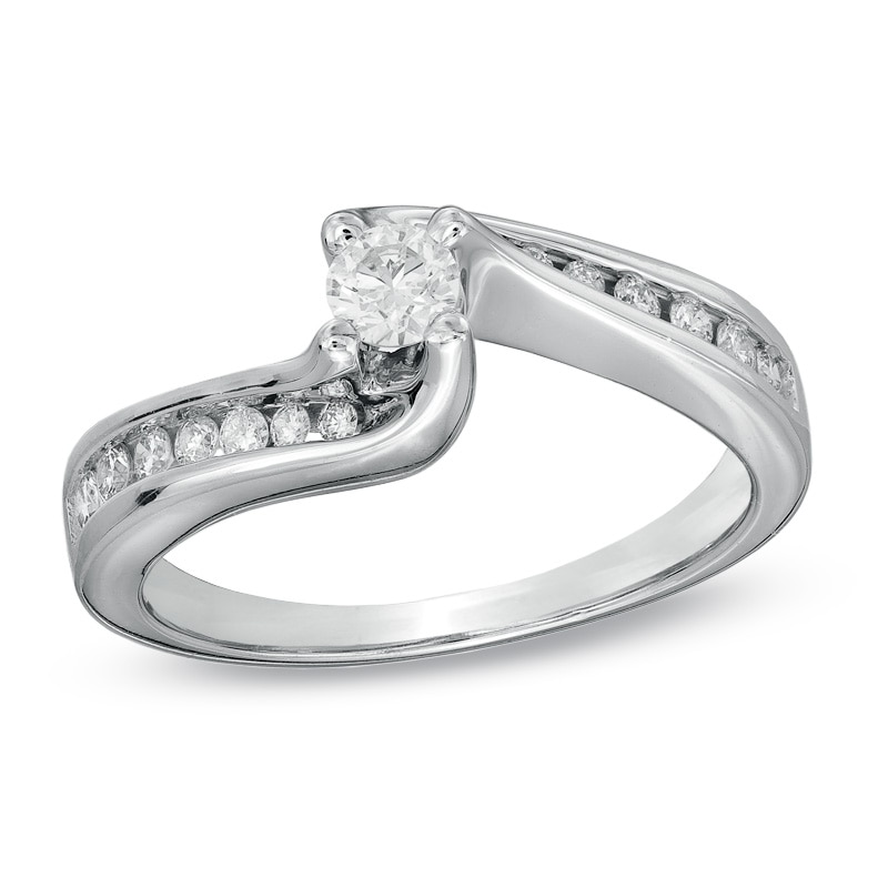Main Image 3 of Previously Owned - 1/2 CT. T.W. Diamond Three Stone Swirl Bridal Set in 14K White Gold