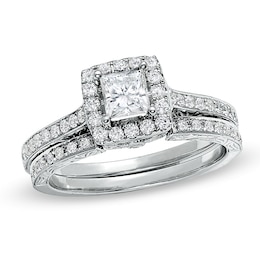 Previously Owned Celebration 102® 1 CT. T.W. Princess-Cut Diamond Soldered Bridal Set in 18K White Gold (I/SI2)