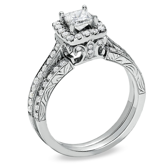 Previously Owned Celebration 102Â® 1 CT. T.w. Princess-Cut Diamond Soldered Bridal Set in 18K White Gold (I/Si2)