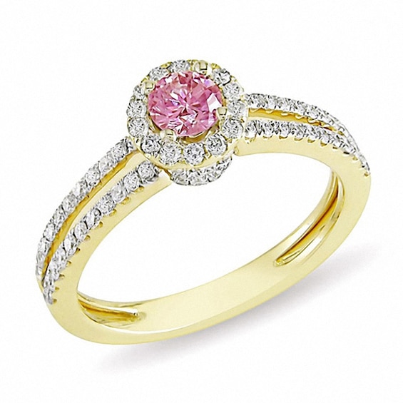 Previously Owned - 3/4 CT. T.w. Enhanced Pink and White Diamond Two Row Engagement Ring in 14K Gold