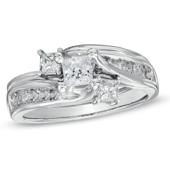 Previously Owned 1 CT. T.w. Princess-Cut Diamond Three Stone Soldered Bridal Set in 14K White Gold