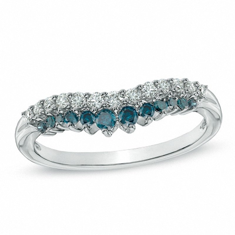 Main Image 1 of Previously Owned - 3/8 CT. T.W. Blue and White Diamond Double Row Contour Band in 14K White Gold