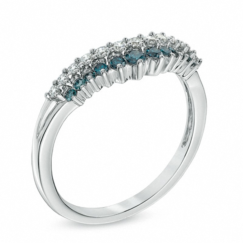 Main Image 2 of Previously Owned - 3/8 CT. T.W. Blue and White Diamond Double Row Contour Band in 14K White Gold