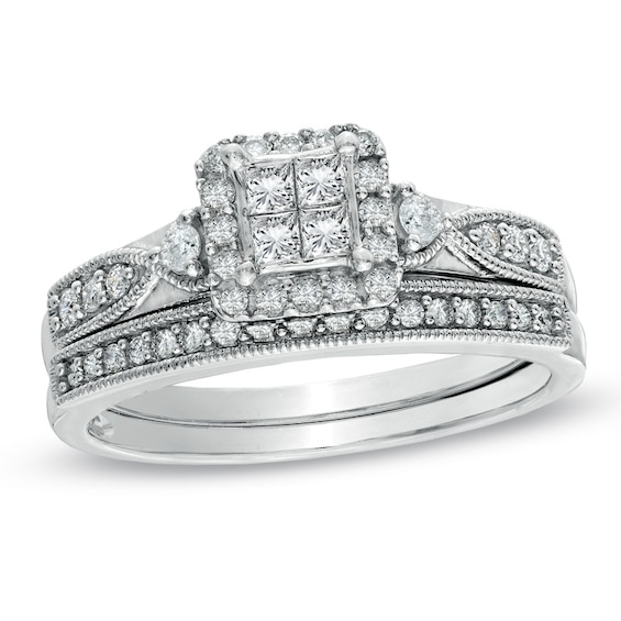 Previously Owned - 1/2 CT. T.w. Quad Princess-Cut Diamond Vintage-Style Bridal Set in 10K White Gold