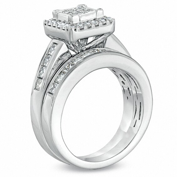 Previously Owned - 2 CT. T.w. Princess-Cut Quad Diamond Frame Bridal Set in 14K White Gold