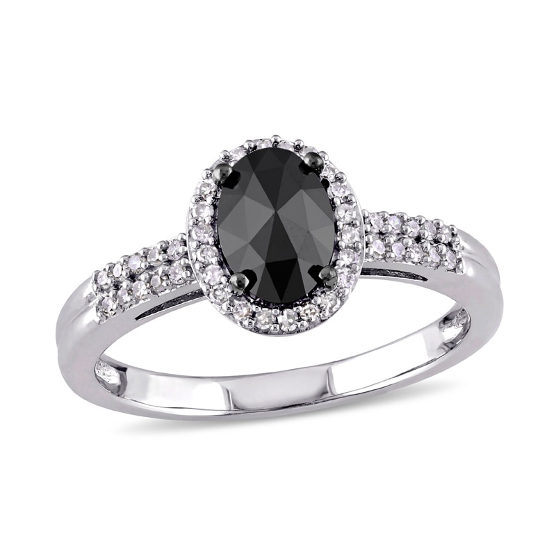 Main Image 1 of Previously Owned - 1 CT. T.W. Enhanced Black and White Oval Diamond Frame Ring in 14K White Gold