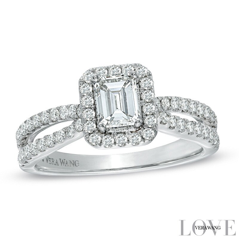 Main Image 1 of Previously Owned - Vera Wang Love Collection 1 CT. T.W. Emerald-Cut Diamond Split Shank Ring in 14K White Gold