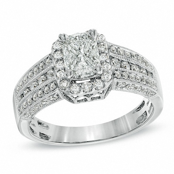 Previously Owned - 1 CT. T.w. Composite Emerald-Cut Diamond Multi-Row Engagement Ring in 14K White Gold
