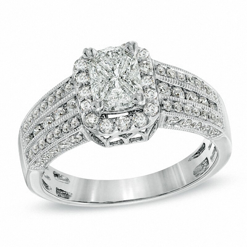 Main Image 1 of Previously Owned - 1 CT. T.W. Composite Emerald-Cut Diamond Multi-Row Engagement Ring in 14K White Gold