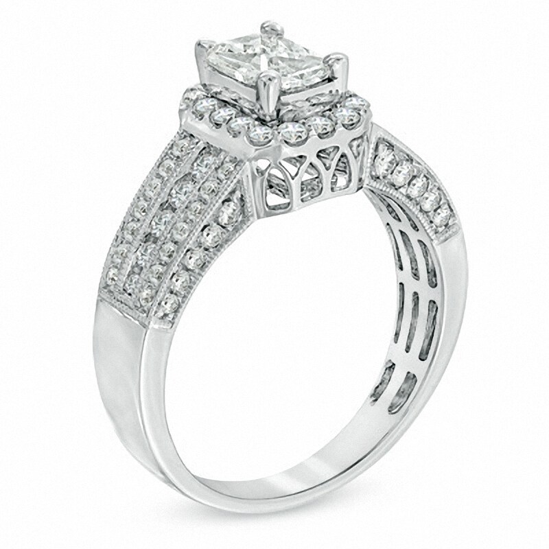 Main Image 2 of Previously Owned - 1 CT. T.W. Composite Emerald-Cut Diamond Multi-Row Engagement Ring in 14K White Gold