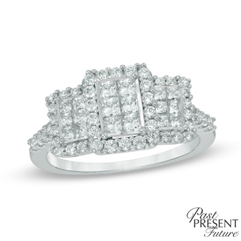 Main Image 1 of Previously Owned - 1 CT. T.W. Princess-Cut Diamond Past Present Future® Ring in 14K White Gold