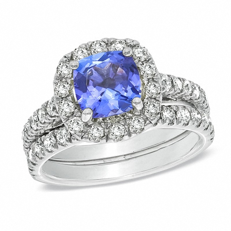 Main Image 1 of Previously Owned - Cushion-Cut Tanzanite and 1-1/2 CT. T.W. Diamond Bridal Set in 14K White Gold