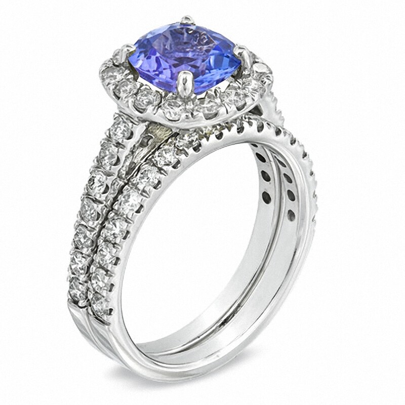 Main Image 2 of Previously Owned - Cushion-Cut Tanzanite and 1-1/2 CT. T.W. Diamond Bridal Set in 14K White Gold