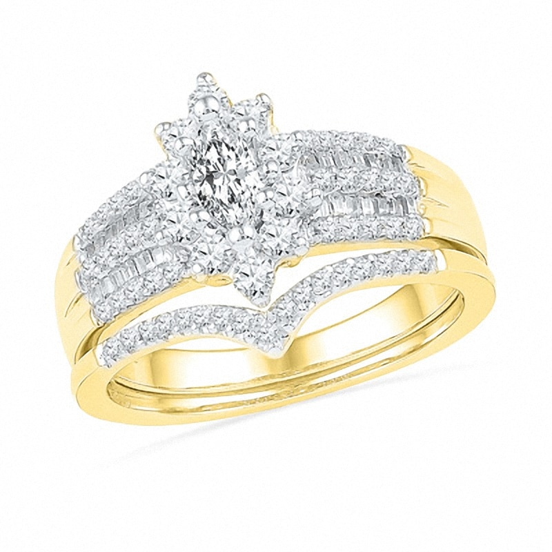 Main Image 1 of Previously Owned - 1 CT. T.W. Marquise Diamond Frame Bridal Set in 10K Gold