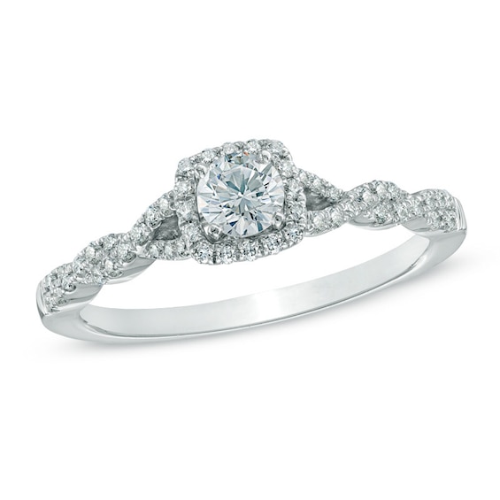 Previously Owned - Celebration Fire⢠1/2 CT. T.w. Diamond Frame Twist Engagement Ring in 14K White Gold (H-I/Si1-Si2)