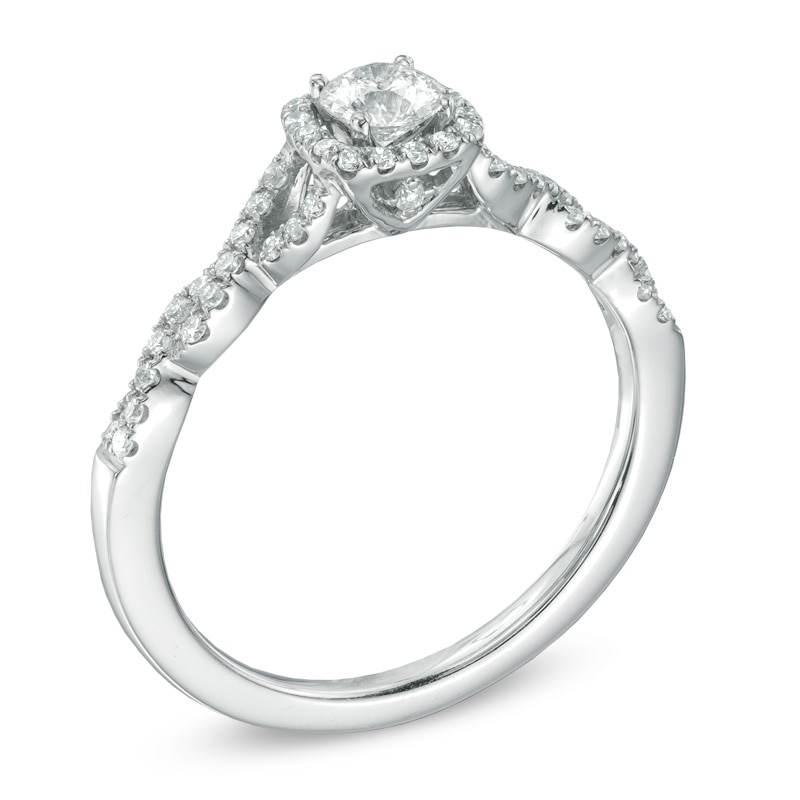 Main Image 2 of Previously Owned - Celebration Fire™ 1/2 CT. T.W. Diamond Frame Twist Engagement Ring in 14K White Gold (H-I/SI1-SI2)