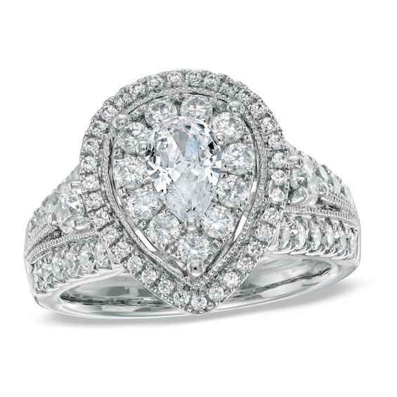 Previously Owned - 1-3/4 CT. T.w. Pear-Shaped Diamond Double Frame Engagement Ring in 14K White Gold