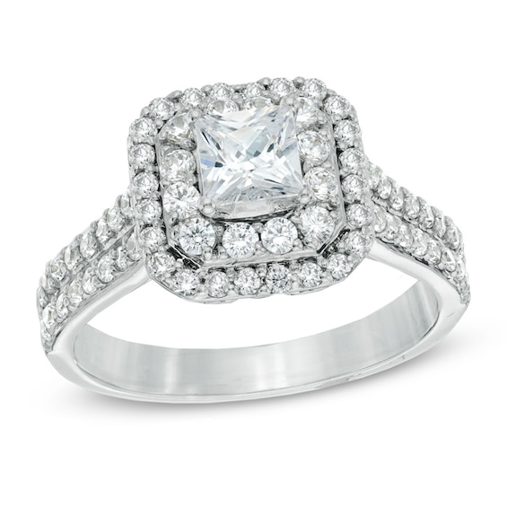 Previously Owned - 1-1/4 CT. T.w. Princess-Cut Diamond Double Frame Engagement Ring in 14K White Gold