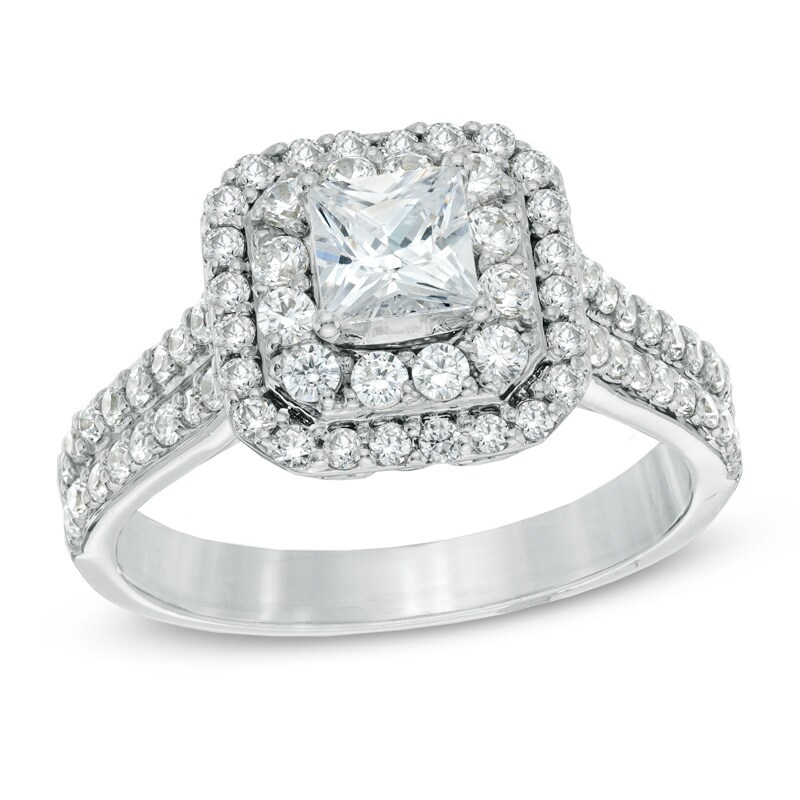 Main Image 1 of Previously Owned - 1-1/4 CT. T.W. Princess-Cut Diamond Double Frame Engagement Ring in 14K White Gold