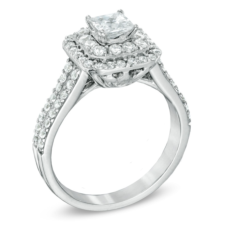 Main Image 2 of Previously Owned - 1-1/4 CT. T.W. Princess-Cut Diamond Double Frame Engagement Ring in 14K White Gold